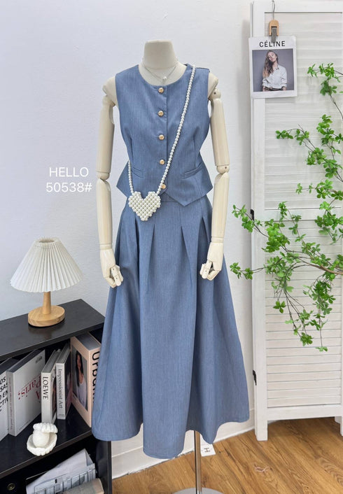 Casual Single Breasted Vest With Mid Length Skirts